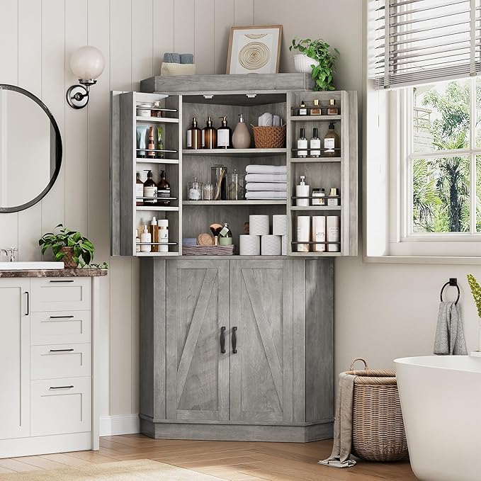 Corner Kitchen Pantry Storage Cabinet with Doors, Kitchen Hutch, 71'' Tall Food Storage Cabinet Furniture for Living Room, Dining Room (Grey)