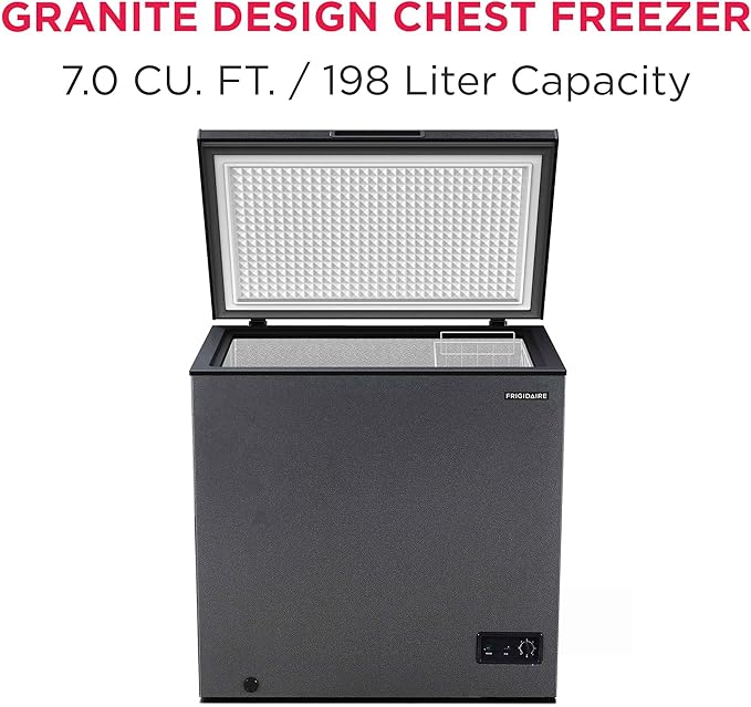 Frigidaire Chest Deep Freezer, 7 Cu. Ft. Capacity, Granita Rugged Design-Adjustable Thermostat-Removable Vinyl Coated Wire Basket-Easy Defrost Drain