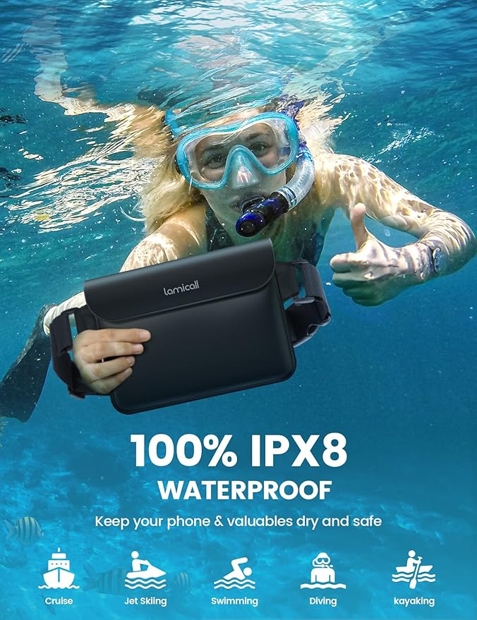 Lamicall Waterproof Fanny Pack Pouch - [2Pack] [2026 Elastic Waist Strap] IPX8 Dry Bags Water Proof Pouch for Swimming, Beach, Kayaking, Cruise Ship Essentials, 8.7” for iPhone 17 16 15 Pro Max Air