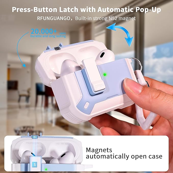 RFUNGUANGO Compatible with Airpods Pro Case 2nd / 1st Generation Protective Case, Compatible with MagSafe, with Cleaning Kit & Keychain,Phone Stand,Magnetic Automatic Lock, Visible LED, White-Blue