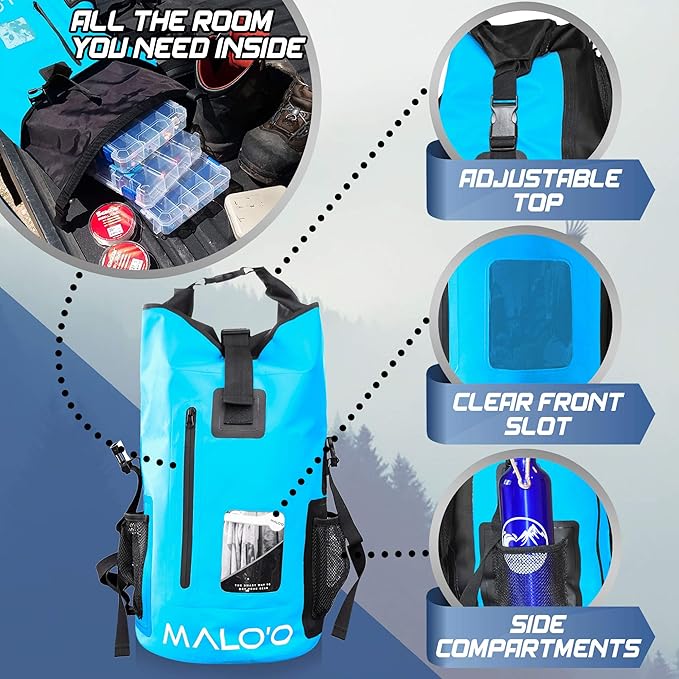 Malo?™o DryPack 30L Waterproof Backpack, Roll-Top Dry Bag Backpack with Padded Straps, Floating Design for Beach, Kayaking, Fishing, Boating, Travel, and Water Sports, Blue