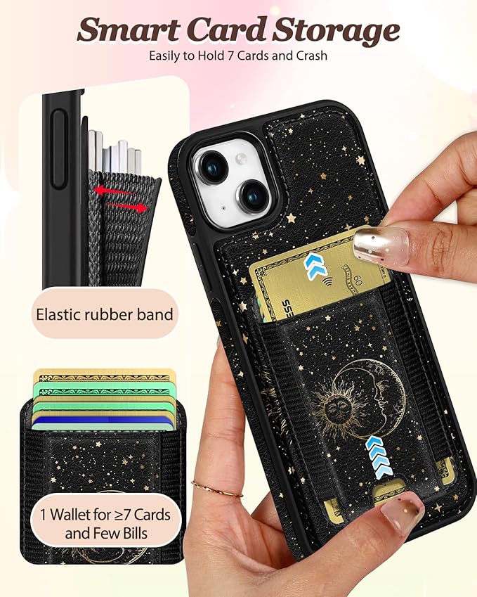 Shorogyt for iPhone 15 Wallet Case - Fits 5 Cards, Compatible with Magsafe Detachable Magnetic Credit Card Holder Leather Cardholder Cute Phone Cover Women Girls for Apple 15, Sun Moon