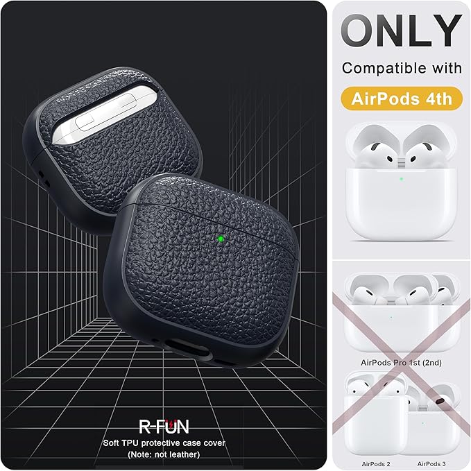 R-fun for Airpods 4 Case, Soft TPU (Leather-Like Design) Drop Protection Cover for Men and Women with Lanyard and Cleaner Kit, Compatible with Apple Latest Airpods 4th Gen(USB-C)(2024)-Blue