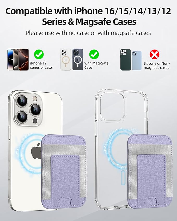 Upgraded for Magsafe Wallet, Strongest Magnetic Wallet, for iPhone Magsafe Walle t with 2 Card Slots, Magnetic Card Holder for iPhone 17/16/15/14/13/12 Series, Vegan Leather, Fit 7 Cards, Light Purple