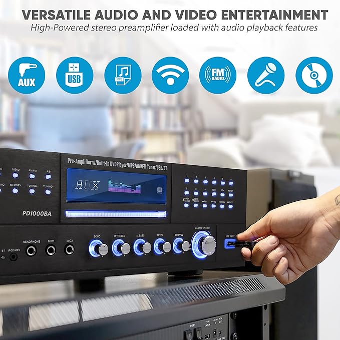 Pyle 4-Channel Wireless Bluetooth Power Amplifier - 1000W Stereo Speaker Home Audio Receiver w/FM Radio, USB, Headphone, 2 Mic w/Echo, Front Loading CD DVD Player, LED, Rack Mount - Pyle PD1000BA.5