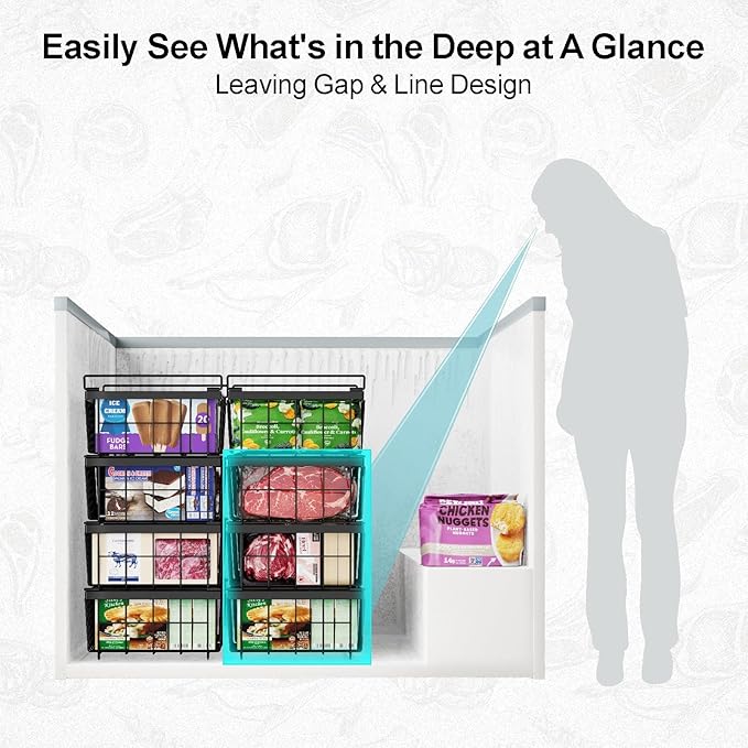iSPECLE Freezer Organizer Bins - Fit 10 to 20 Cu.FT Deep Freezer, 4 Pack Large Expandable Stackable Chest Freezer Organizer Bins Sort Frozen Food and Easily Get without Digging in the Freezer, Black