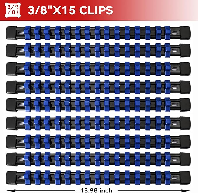 ALOANES 9PC ABS Socket Organizer, Socket Rails Fit 3/8 inch Drive, Heavy Duty Socket Holders Hold up to 135 Sockets, Black Rails with Blue Clips