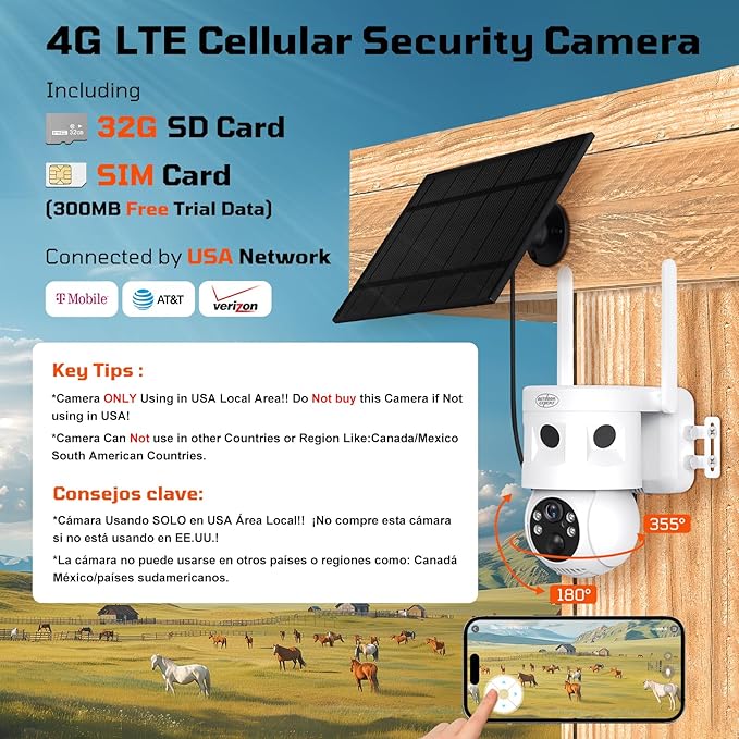 4G LTE Cellular Security Camera 180°Automatic Intrusion Detection and 360°Panoramic View Home and Outdoor Security Camera with Solar Panel, 2K Video Illumination at Night-4G-New
