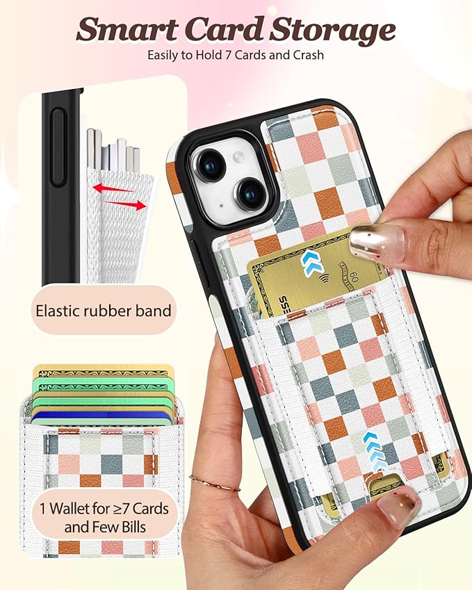 Shorogyt for iPhone 15 Wallet Case - Fits 5 Cards, Compatible with Magsafe Detachable Magnetic Credit Card Holder Leather Cardholder Cute Phone Cover Women Girls for Apple 15, Checkered