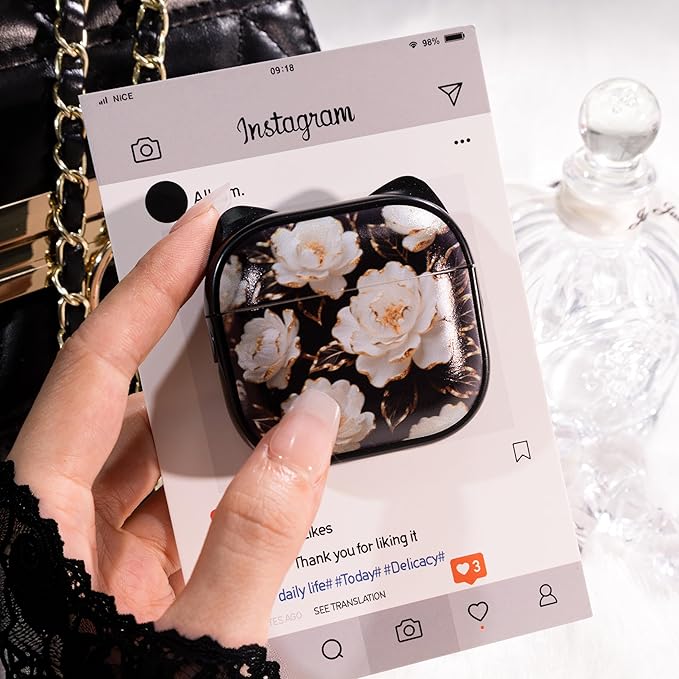 for AirPods 4 Case with Cleaning Kit, Cute Cat Ear Print Design & Cute Buckle, Inverted Phone Holder Design, Top Safe Lock Buckle Design, for Girls AirPods 4 case 2024, Black Peony