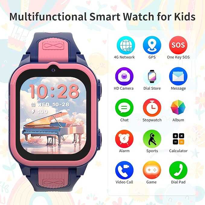 4G Kids Smart Watches Girls with GPS Tracker, Kids Cell Phone Watch with Video & Voice Calling Texting SOS Call Chat Camera Pedometer Alarm Calculator Games, Smart Watch for Girls Age 5-12(Pink)