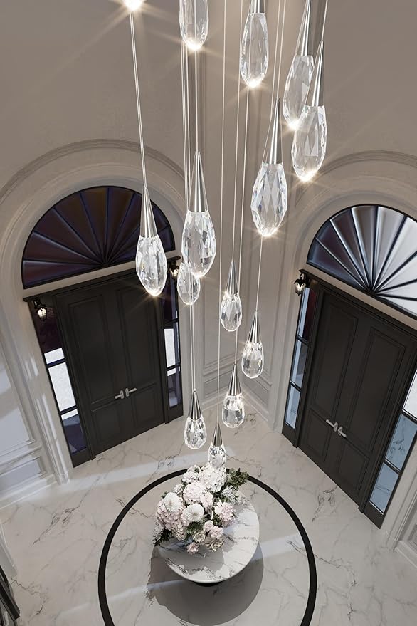 20 Lights Large Chandelie for High Ceiling Siver Pendant Light Fixture with Dimmable Big Crystal Chandelier for Staircase Foyer Villa