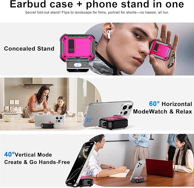 RFUNGUANGO Compatible AirPods Pro 2nd Generation Case with Phone Holder and Compatible Back Magnetic Suction Function, Suitable for AirPods Pro 2 Case, Black + Rose red