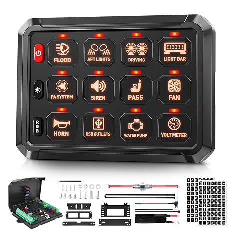 SnowyFox RGB 12 Gang Switch Panel, 12V Automotive Switch Box with Fuse
