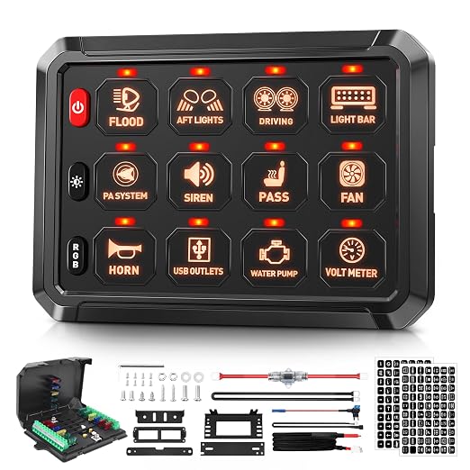 SnowyFox RGB 12 Gang Switch Panel, 12V Automotive Switch Box with Fuse