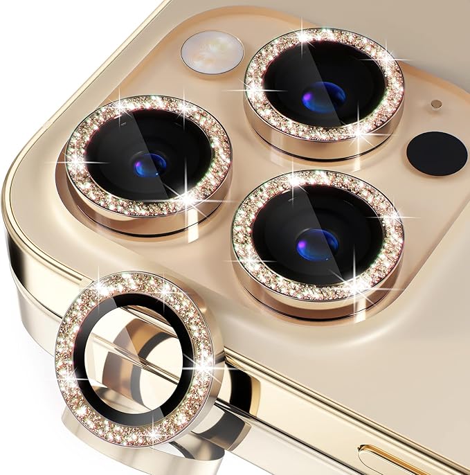 Misea [3+1] for iPhone 14 Pro/iPhone 14 Pro Max Camera Lens Protector Bling, 9H Tempered Glass Camera Cover Screen Protector Metal Individual Ring Protector Decoration Accessories, Gold Glitter