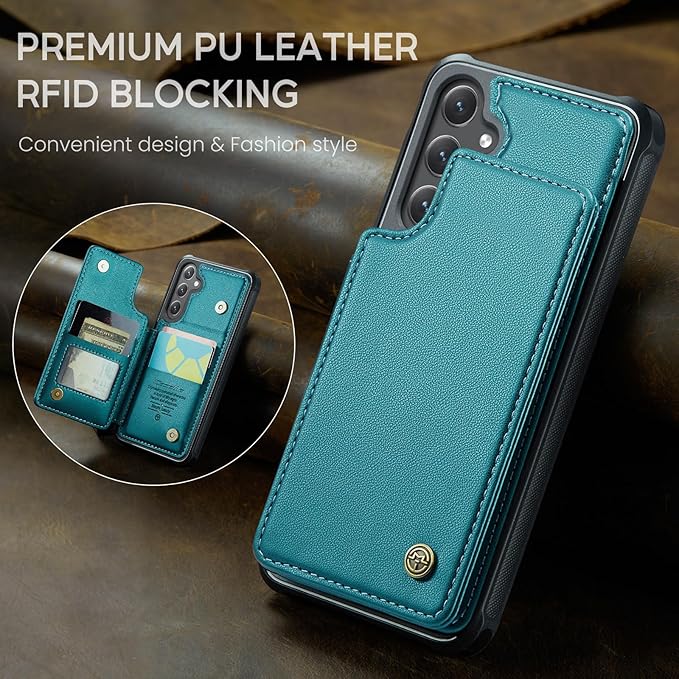 Bemal for Samsung Galaxy S25 Wallet Case with Card Holder, RFID Blocking, Shockproof Leather Kickstand for Men and Women, Durable Protective Phone Cover for 6.2", Bluish Green