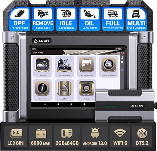 ANCEL HD8000 Full-System Heavy Duty Truck Scanner with DPF Regeneration, Idle&Limited Speed Adjustment and Service Reset, Diesel OBD2 for Universal Heavy-Duty Trucks, Lifetime Free Updates