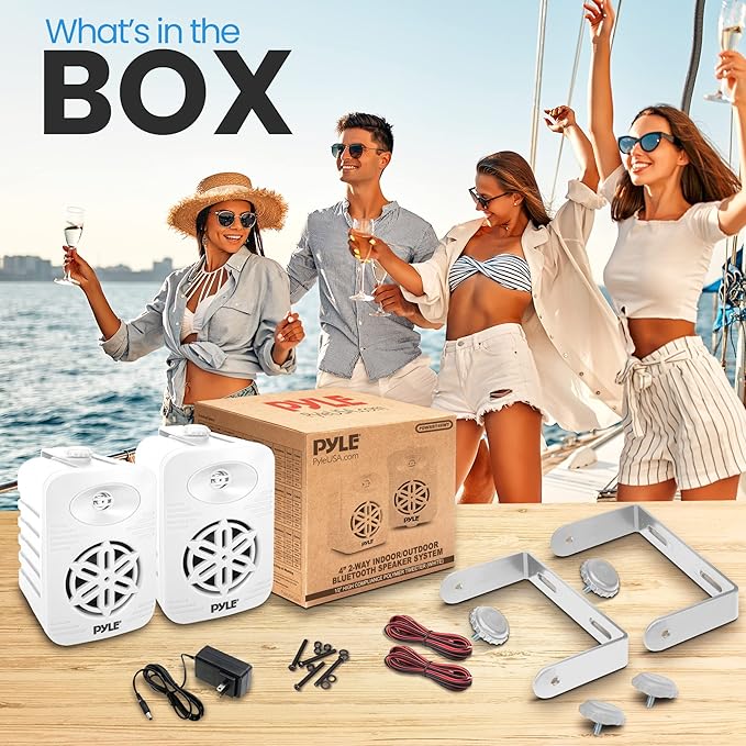 Pyle 4” Outdoor Speakers, 2-Way Bluetooth Waterproof Speaker System with Polymer Tweeter, Heavy-Duty ABS Build, Bluetooth Speakers with Wireless Streaming for Patio, Pool, Deck, or Boat, White, 2-Pack
