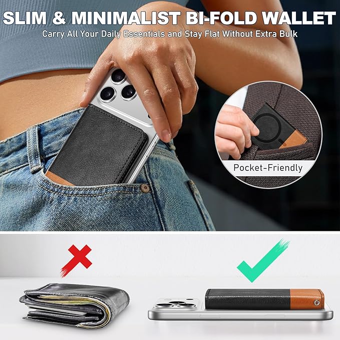 TUCCH for Magsafe Card Holder with Clear ID Window, Fit 6 Cards, RFID Blocking PU Leather Magnetic Phone Wallet for iPhone 17/16/15/14/13/12/Plus/Air/Pro/Pro Max Series, Textured Black & Light Brown