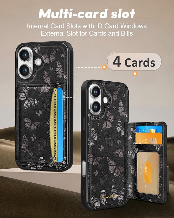 for iPhone 17 Case with Wallet - Fits 4 Card Slots, Compatible with MagSafe for Women Aesthetic Durable PU Leather Credit Card Holder Kickstand Phone Cover for Apple 17, Black Butterfly
