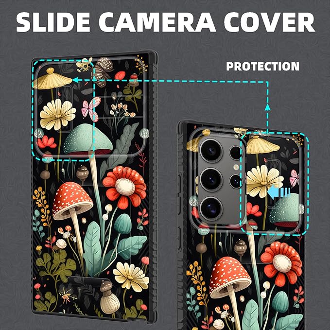 for Galaxy S25 Ultra Case Built in Slide Camera Lens Cover,Heavy Duty Shockproof Protection Dual Layer Case for Samsung Galaxy S25 Ultra 6.9" 2025,Mushroom Forest