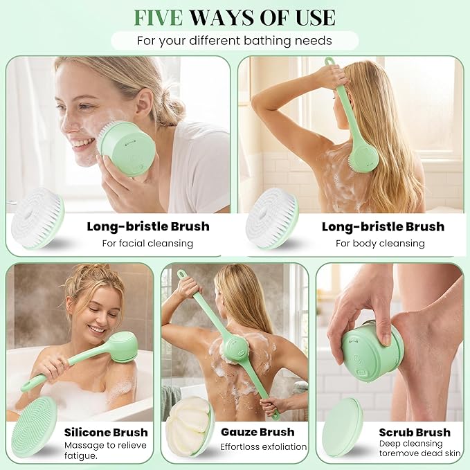 Electric Body Brush Back Scrubber for Shower，5 Replaceable Heads and Hook,Waterproof Long Dual Handle Power Body Scrubber 2 Speeds, for Cleansing Body, Exfoliating and Massaging Skin.