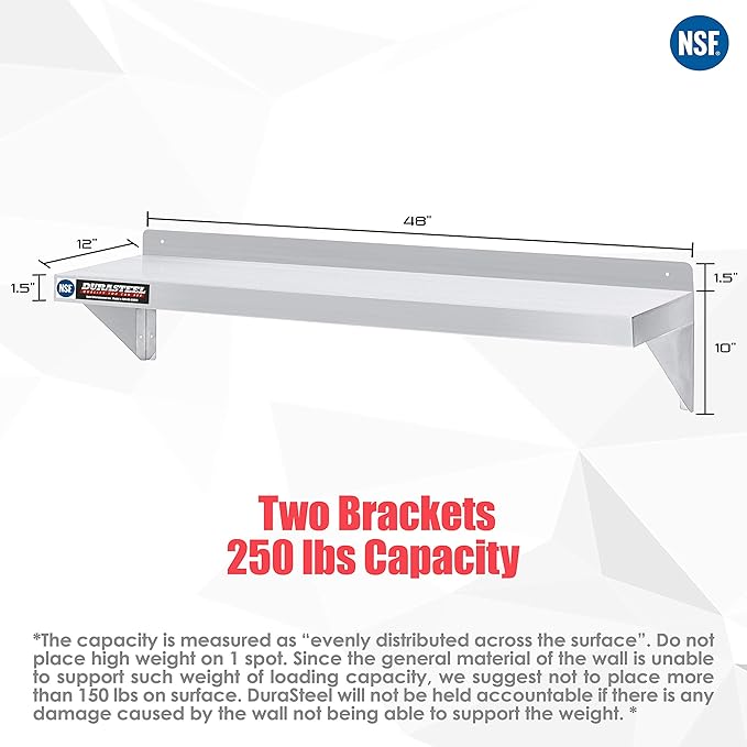 DuraSteel Stainless Steel Wall Shelf - 48" Wide x 12" Deep Commercial Grade - NSF Certified - Industrial Appliance Equipment (Restaurant, Bar, Home, Kitchen, Laundry, Garage and Utility Room)