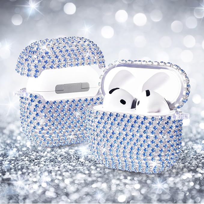 VISOOM Cute Jewelry Cases for Airpods 4 Cases 2024 Cover Women, Sparkly Air pods 4 Gen Case Hard TPU Airpod Case 4th Generation Bling Glitter iPods 4 Cas Keychain for iPods Earbuds Airpods 4th-Blue