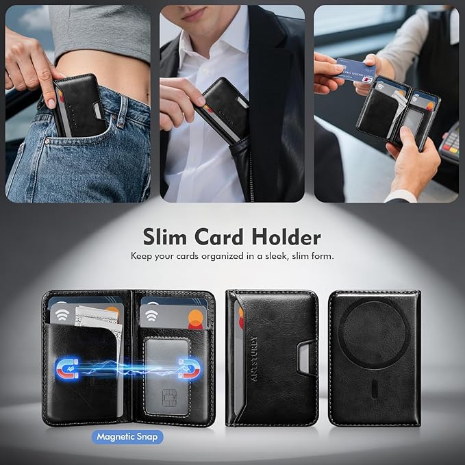 Antsturdy for Magsafe Wallet Stand with Holder,PU Leather RFID Blocking Card Holder,5 Card Slots,Strong Magnet Minimalist Flip Folio Kickstand for iPhone 17/16/15/14/13/12/Pro/Max/Plus/Air,Black
