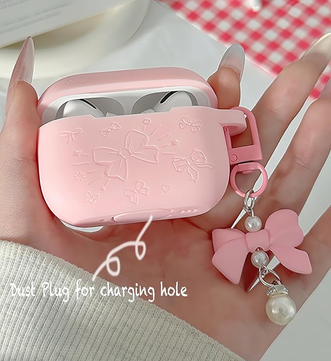 for AirPods Pro 2 Case Cover with Bow Keychain, DamonLight Cute Flower Floral Engraved Silicone Protective Case Cover Compatible with Apple Airpods Pro 2 Case for Women and Girls, Pink
