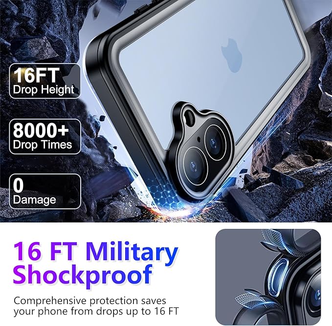 Temdan Compatible with iPhone 17 Case,Waterproof Built-in Screen & Camera Protector IP68 Underwater Full Body 17FT Military Dropproof Shockproof Phone Case 6.3"-Blue/Clear