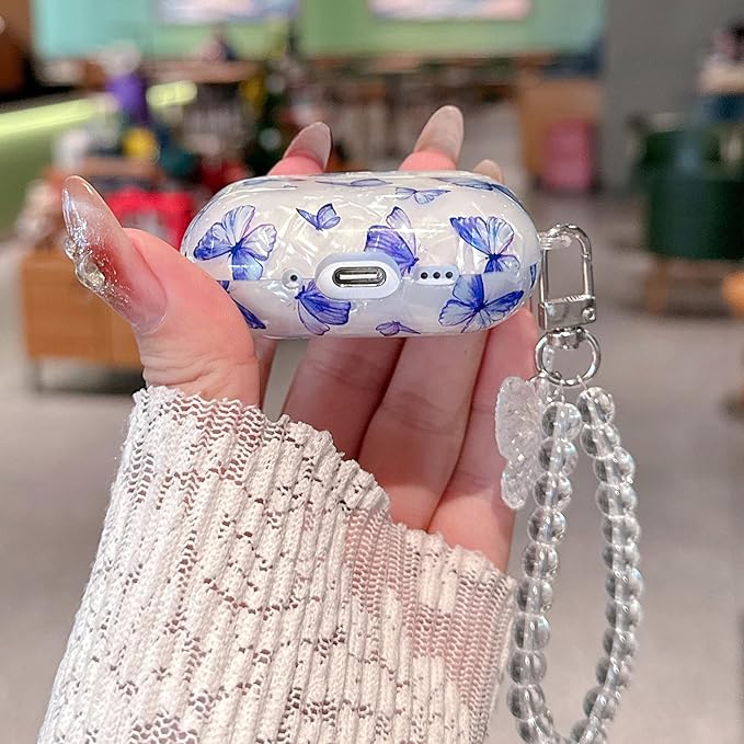 for Airpod Pro 3 Case 2025 Cute White Marble TPU Protective Cover with Keychain Compatible with AirPods Pro 3rd Generation Case for Girls Women (Bluish-Purple Butterfly)