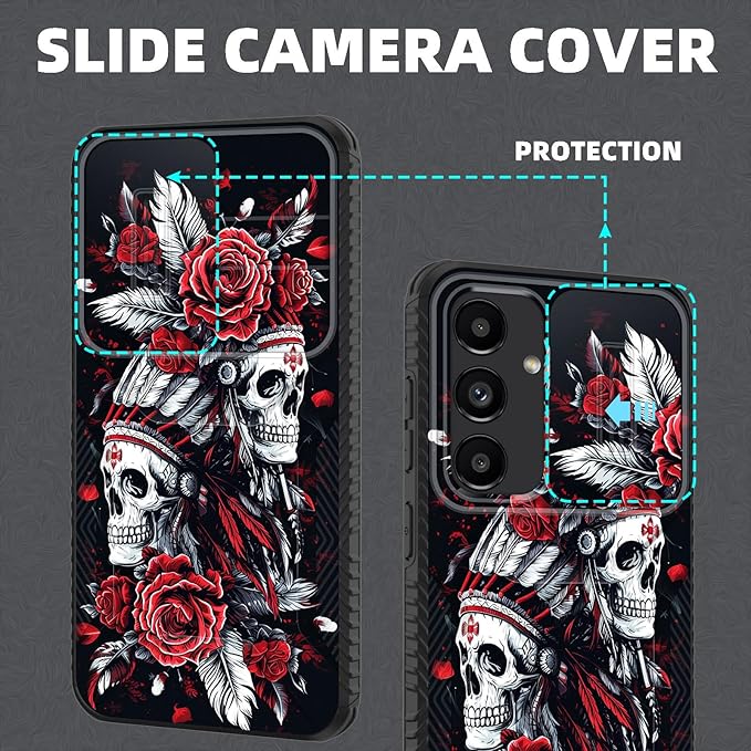 for Galaxy S24 Case Built in Slide Camera Lens Cover,Heavy Duty Shockproof Protection Dual Layer Case for Samsung Galaxy S24 6.2 inch 2024,Skull Art with Feathers and Roses