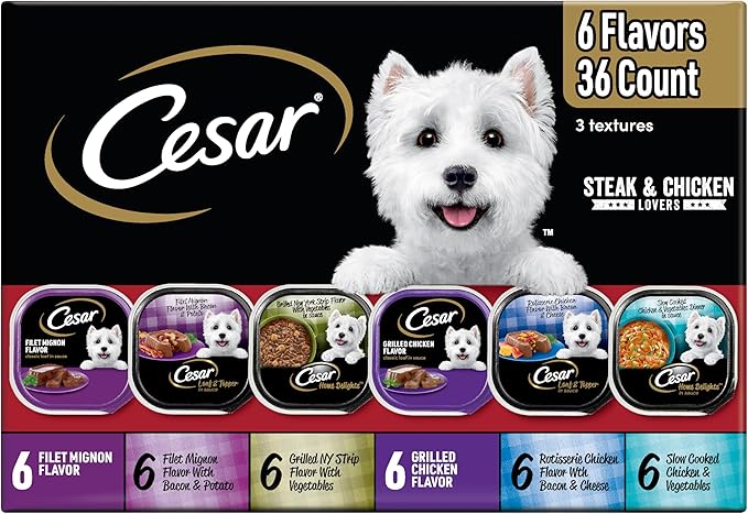Cesar Wet Dog Food Steak and Chicken Lovers Variety Pack with Real Beef or Real Chicken, 3.5 oz. Easy Peel Trays, 36 Count