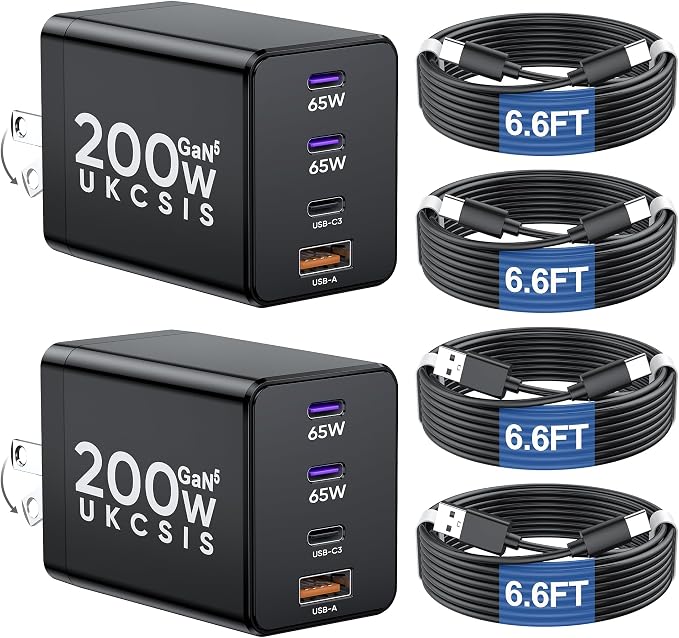 2 Pack 200W USB C Charger Block, Foldable GaN5 Dual 65W Fast Charger USB C