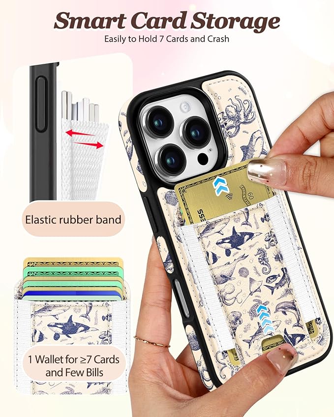 Shorogyt for iPhone 16 Pro Max Case Wallet - Fits 5 Cards, Compatible with Magsafe Detachable Magnetic Credit Card Holder Leather Cardholder Cute Phone Cover Women Girls for Apple 16 ProMax, Sea