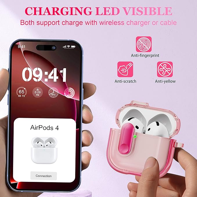 for AirPods 4th Generation Case 2024 with Bright Plated Bezel and Switches, Military-Grade Shockproof Transparent Anti-Yellowing for AirPods 4 Cover, Peach Pink