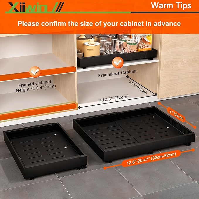 Pull out Cabinet Organizer 21" Depth (12.6-20.5 inch Width) Slide Roll Out Drawers Expandable Adjustable Shelves for Kitchen Bathroom Pantry Adhesive Nano Film 3 Slide Rails Black, 2pcs