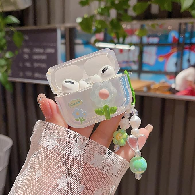 Cute Airpod Pro 2 / Airpod Pro Case 3D Flower with Keychain Clear Hard TPU Protective Cover Compatible with AirPods Pro 2nd/1st Generation Case for Girls Women (Floral Green)