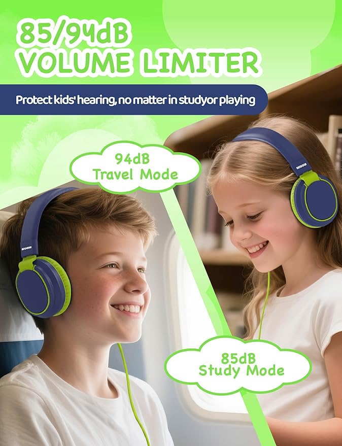 MIDOLA Volume Limited 85/110dB Kids Headphone Over-Ear/On-Ear Foldable Sound Noise Protection Headset with Inline AUX 3.5mm Cord w/Mic for Child School Cellphone Pad PC Notebook DeepBlueSky