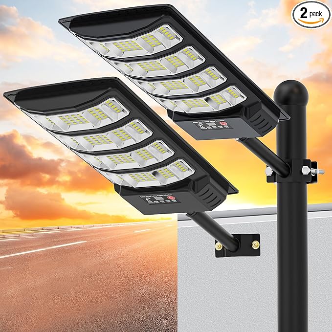 Solar Street Lights Outdoor Waterproof ,52000LM 320° Angle Flood light, 5730 LED Solar Parking Light with Motion Sensor and Remote Control for Outdoor, Streets, Courtyards,Parking Garages,-2Pack