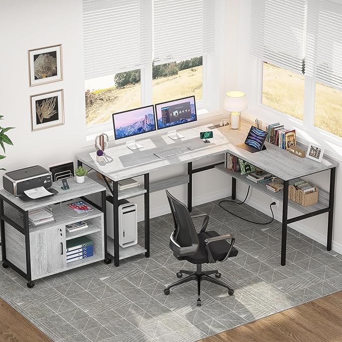 Unikito L Shaped Computer Desk with Magic Power Outlets and USB Charging Ports, Sturdy Reversible Corner Desk with Storage Shelves, Modern Work Desk for Home Office, Easy to Assemble, White Oak