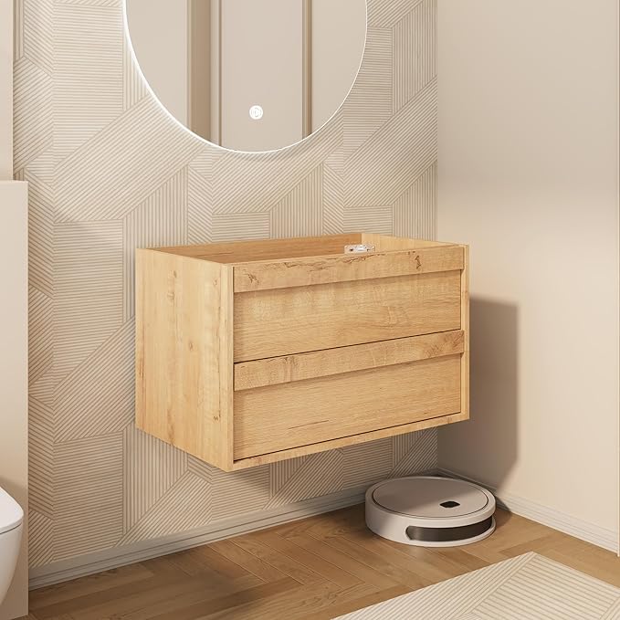 eclife 30" Floating Bathroom Vanity Sink Combo, Wall Mounted Modern Minimalist Storage Cabinet with 2 Drawers, Exclude Sink, Faucet & Drain, Natrual