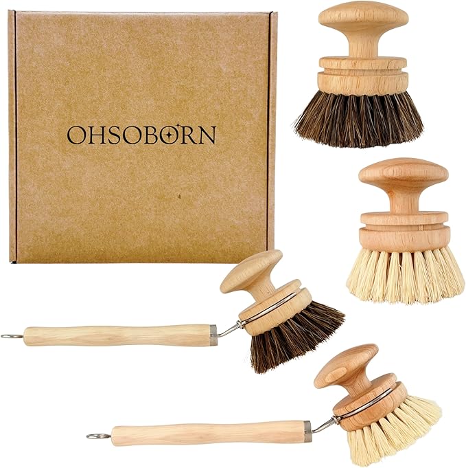 Dish Brush with Handle | 2-in-1 Natural Wooden Brush Set with Detachable Long & Short Handle | Vegetable Brush with Horsehair & Sisal Bristles for Dishes, Pots, and Kitchen Cleaning