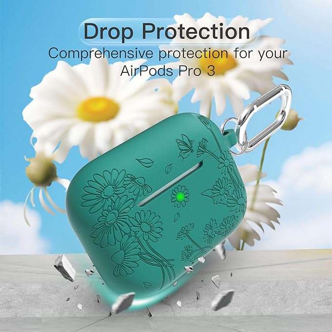 for AirPods Pro 3 Case (2025) DamonLight Daisy Floral Engraved Shockproof Protective Soft Silicone Case Cover with Cleaning Pen and Keychain for Apple Airpods Pro 3rd Generation (Forest Green)