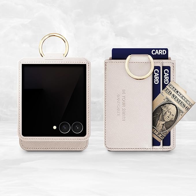 [BeYourSanta] Galaxy Z Flip 7 Case with Ring - Avant-Garde Handmade Saffiano Vegan Leather Case, Anti-Scratch Hinge Protection, Made in Korea (3 Pockets, Cream Beige)