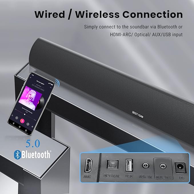 Sound Bar, Bestisan 80W Home Theater Soundbar System with HDMI-ARC Function, Wired and Wireless Bluetooth 5.0 Audio Speaker (Treble/Bass Adjustable,34-Inch, Wall mountable)