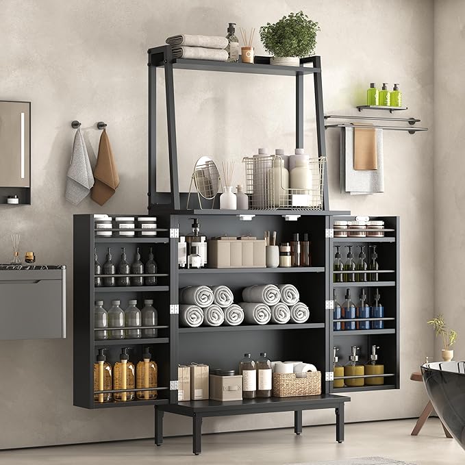 51” Pantry Cabinets with Microwave Shelves, Small Kitchen Pantry Storage Cabinet with Adjustable Shelves, Freestanding Buffet Cupboards Sideboard for Kitchen, Dining Room, Living Room Use (Black)