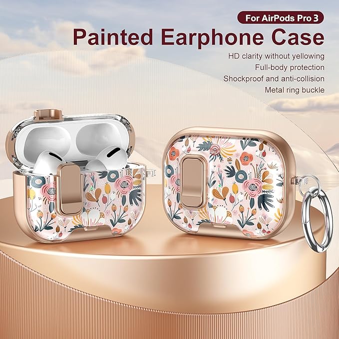 Case Compatible with AirPods Pro 3 2025,Elegant Camellia Pattern Cover for AirPods Pro 3rd Gen with Built-in Phone Stand,One-Click Secure Lock & Metal Hook,Wireless Charging, Gift for Women